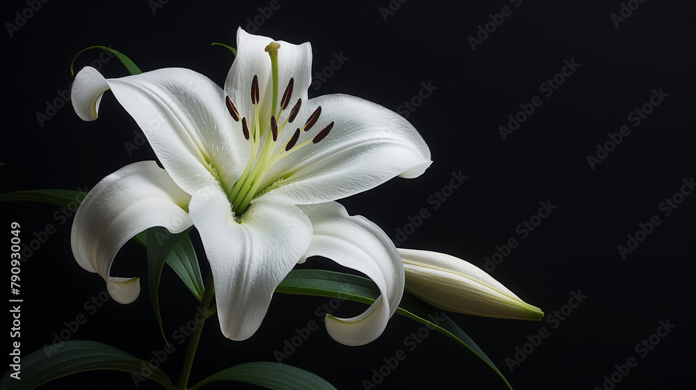 Stunning image of a pristine white lily against a dark backdrop, emphasizing purity and the beauty of nature Stunning image of a pristine white lily against a dark backdrop, emphasizing purity and the beauty of nature