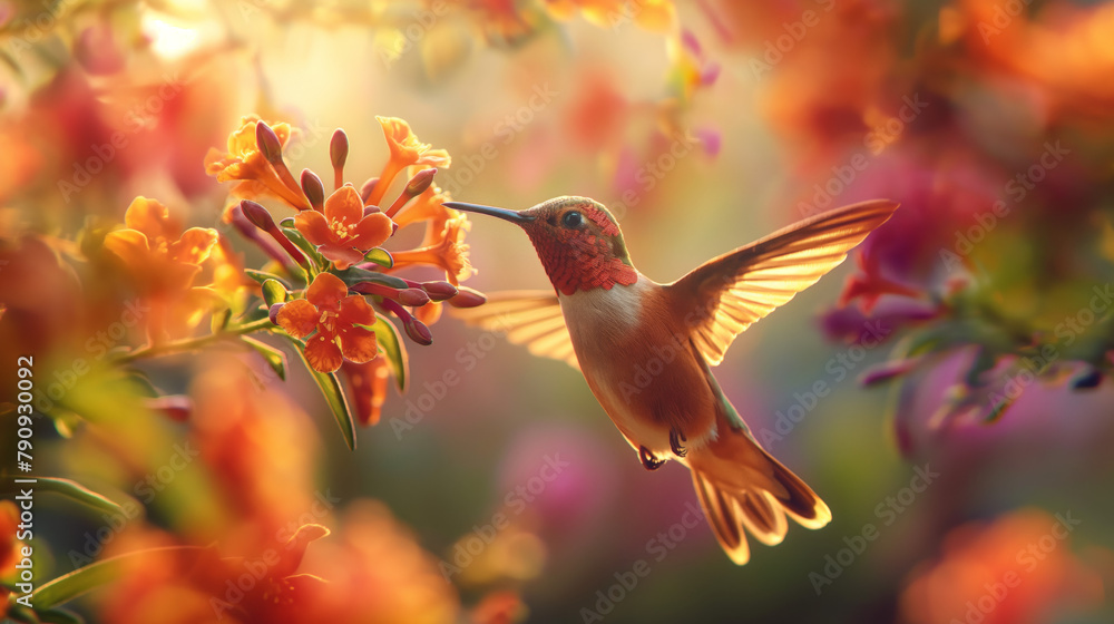 Fototapeta premium Captivating image of a hummingbird mid-hover near vibrant orange flowers, evoking freedom and the vitality of nature
