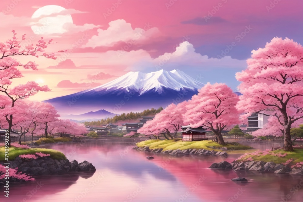 Japanese beautiful landscape with cherry trees and pink sunset, Spring landscape of cherry blossoms, Japanese cherry blossom trees and lake landscape anime manga illustration, AI Generative