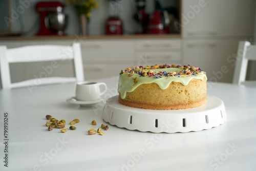 Ciasto, sernik, tort z kawą na stole w kuchni © Ilona