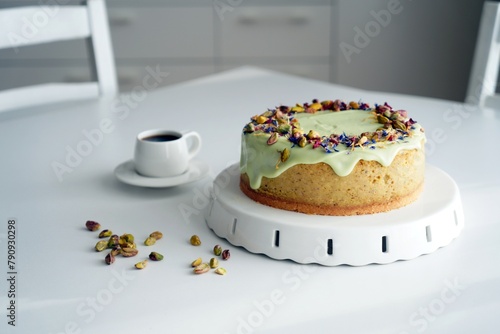 Ciasto, sernik, tort z kawą na stole w kuchni © Ilona