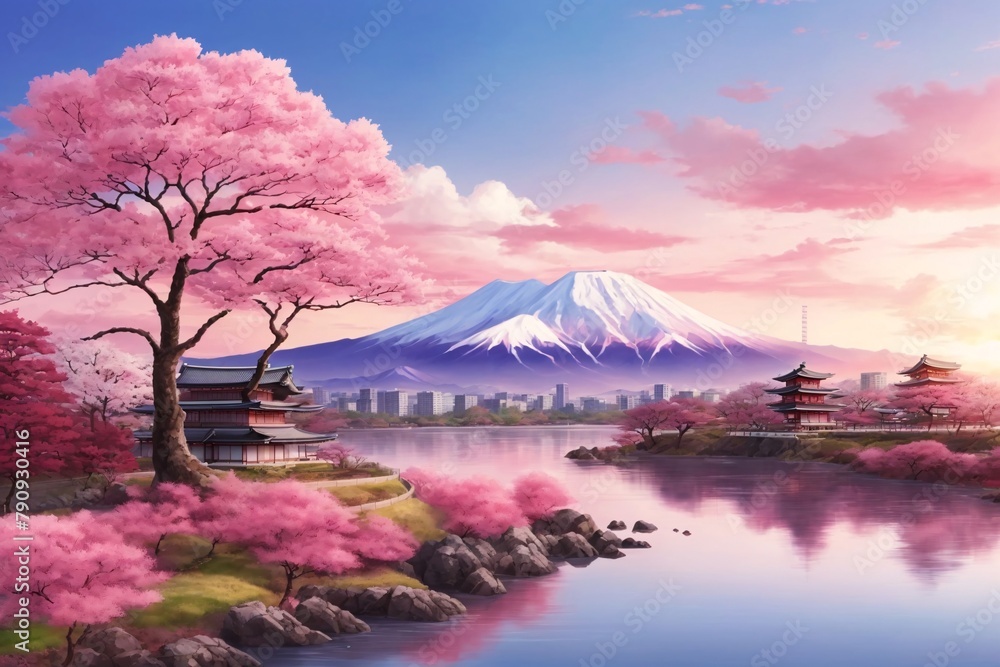 Japanese beautiful landscape with cherry trees and pink sunset, Spring landscape of cherry blossoms, Japanese cherry blossom trees and lake landscape anime manga illustration, AI Generative