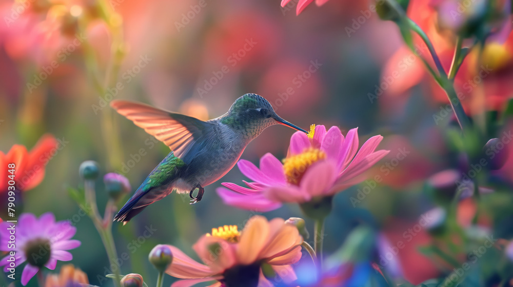 Fototapeta premium Majestic hummingbird caught in motion with its beak in a flower surrounded by a dreamlike assortment of garden blooms