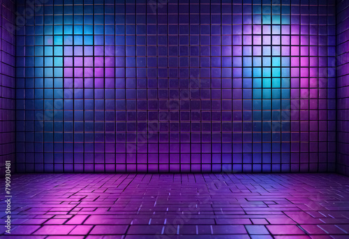 a purple tiled wall with a purple background with a purple and blue light