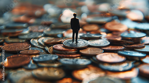 An engaging perspective of a figure standing on a coin amongst many, portraying concepts like financial success and economic surmount amidst wealth