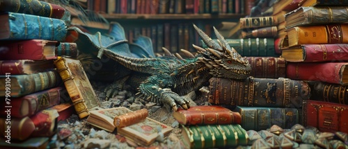 Hyper-realistic 3D Diorama: Dragon's Lair of Colored Book Bindings Treasures in Fantasy Novel Scene photo