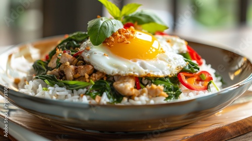 A beautiful presentation of Pad Kra Pao (Thai basil stir-fry) served over jasmine rice with a fried egg on top, a beloved Thai comfort dish.