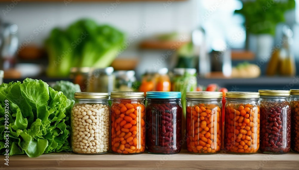 The image shows assorted vegetable jars on a counter or table, including beans and lettuce, organized in brown and blue for an appealing, healthy display. The image shows assorted vegetable jars on a counter or table, including beans and lettuce, organized in brown and blue for an appealing, healthy display.