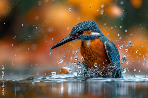 Kingfisher emerging from the water after an unsuccessful dive to grab a fish photo