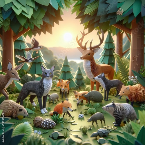 Harmonious Dawn: A Serene Moment of Coexistence in a Lush Forest at Sunrise