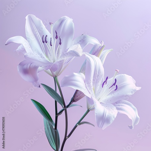 Elegant white lilies poised gracefully on a pastel lavender background, perfect for luxury spa or bridal promotions