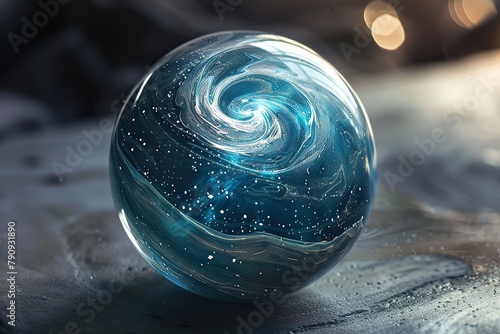 a swirling blue marble with glowing white veins and shimmering graphite flecks, resembling a portal to another galaxy photo