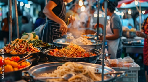 A bustling Thai night market with vendors cooking up Pad Thai noodles, Satay skewers, and fresh fruit smoothies, a feast for the senses.