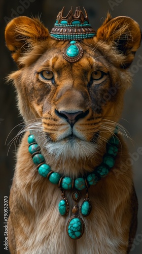 portrait of a lioness wearing round bead turquoise necklace and turquoise crown. 