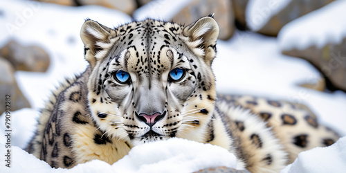 Snow leopard with piercing blue eyes  nestled among snow-covered rocks  contrast between the leopard s spotted fur and the pristine white snow  blur background