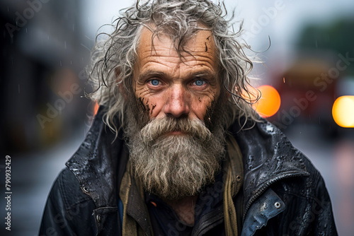 An elderly man with disheveled hair on the street, without a home