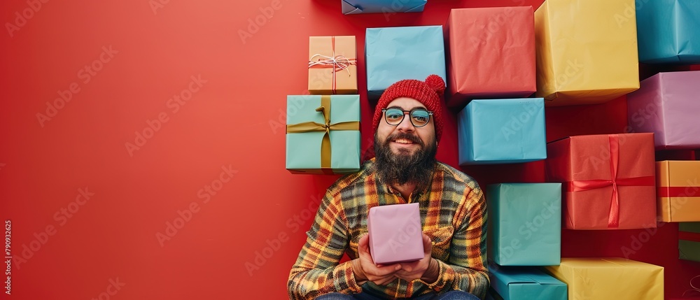 Man surrounded by numerous colorful boxes, holding one excitedly, against a festive red background. Copy space . Man surrounded by numerous colorful boxes, holding one excitedly, against a festive red background. Copy space .