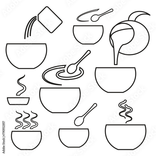 Preparing instant mash icon set, step by step instruction how to brewing instant food, make hot meal cooking direction, black line icons isolated on white background, vector illustration.