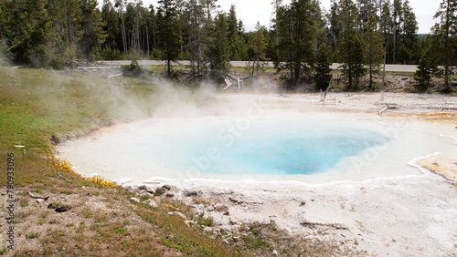 A blue aquatic teal color geothermal pool in a national park