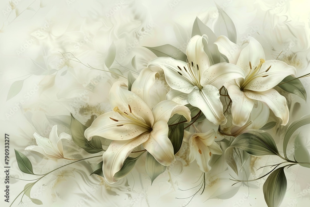 White lily flowers on a light background. generative ai White lily flowers on a light background. generative ai