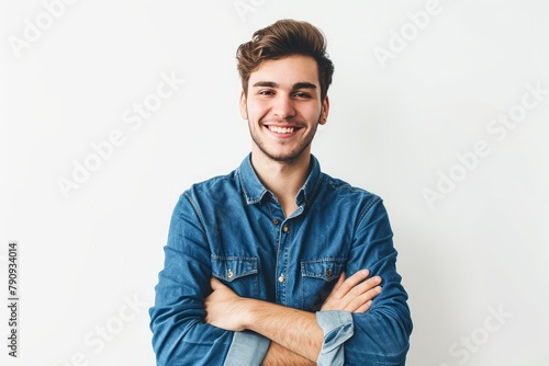 Charming handsome. Handsome young man in casual wear keeping arms crossed and smiling while standing isolated on white background photo on white isolated background photo