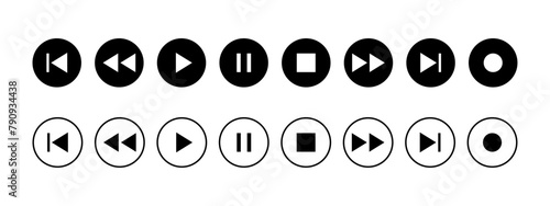 Media player button icons set. Pause, rewind, back, forward icon. Ui elements. Music Video player control buttons. Vector illustration.