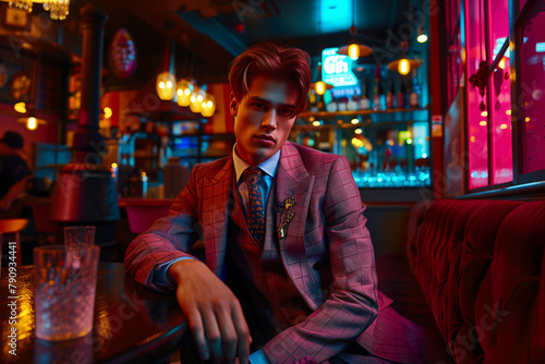 Fashionable young man seated in vibrant neon-lit bar at night © Edvvin