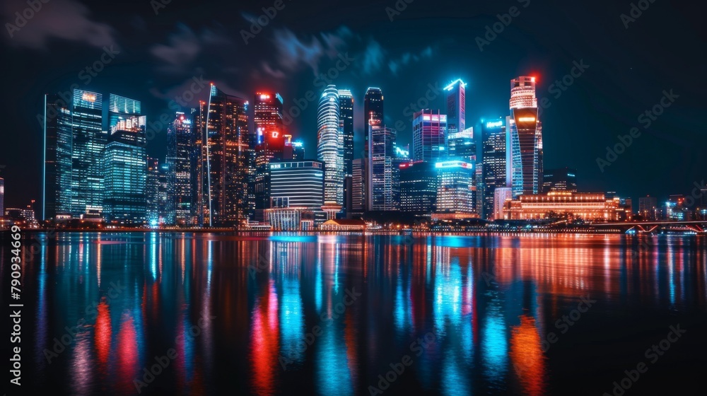 Fototapeta premium A city skyline illuminated by the dazzling lights of towering skyscrapers, showcasing the vibrant energy of urban nightlife.