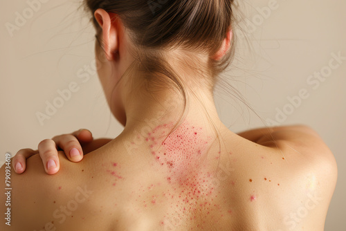 Female Back with Painful Rash, Red Spots Blisters on a Skin. Human Body with Health Problem. Monkeypox, Monkey Pox Disease Symptoms. Close Up Patient. Banner, Copy Space. Dengue Fever Infection, MPOX.