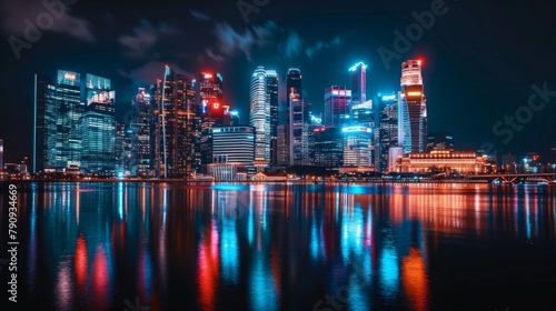 A city skyline illuminated by the dazzling lights of towering skyscrapers, showcasing the vibrant energy of urban nightlife.