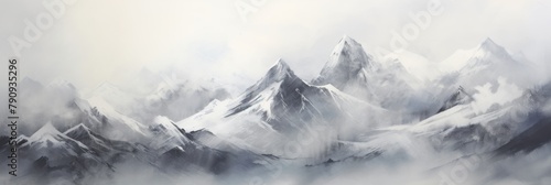 Majestic Snow Covered Mountain Peaks In Monochrome Tones. Mountain Landscape Painting. Generative AI © pibi37.studio