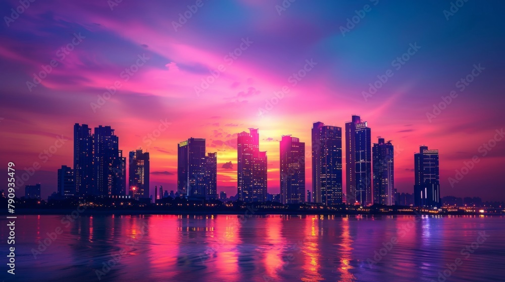 A city skyline silhouetted against a colorful sunset sky, with high-rise buildings illuminated by the fading light, creating a breathtaking scene.