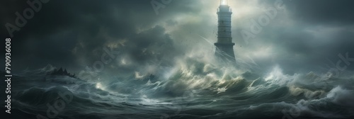 Lighthouse Overwhelmed By Stormy Seas At Dusk. Navigational Beacon Standing Strong At Storm Waves. Generative AI