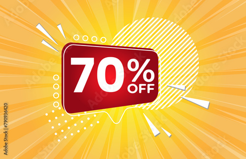 70% off. Yellow banner with 70 percent discount on a red balloon for mega big sales. 70% sale