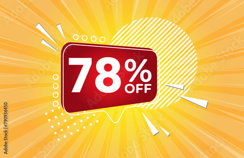 78% off. Yellow banner with 78 percent discount on a red balloon for mega big sales. 78% sale