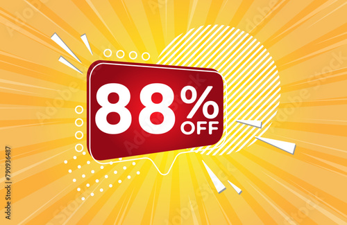 88% off. Yellow banner with 88 percent discount on a red balloon for mega big sales. 88% sale