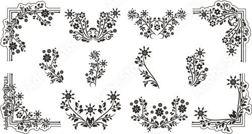 Set of exquisite ornamental floral doodle designs with flowers, daisies, leaves, swirls, curls and corners. Spring and summer theme. Very clean vector lines, vinyl and laser ready.