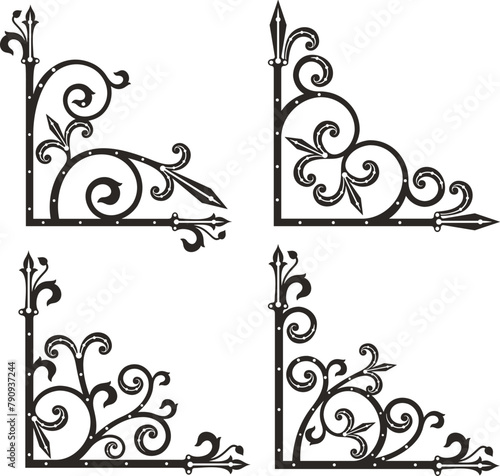 Wrought iron corner ornaments. A set of exquisite and very clean wrought iron ornamental designs, vector series, vinyl and laser ready. 