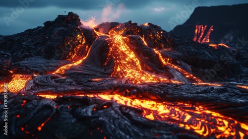A close-up of glowing lava flowing down the slopes of a volcano at night, illuminating the darkness with fiery intensity.
