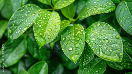 A close-up of raindrops glistening on vibrant green leaves, showcasing the beauty of nature's hydration in a lush environment.