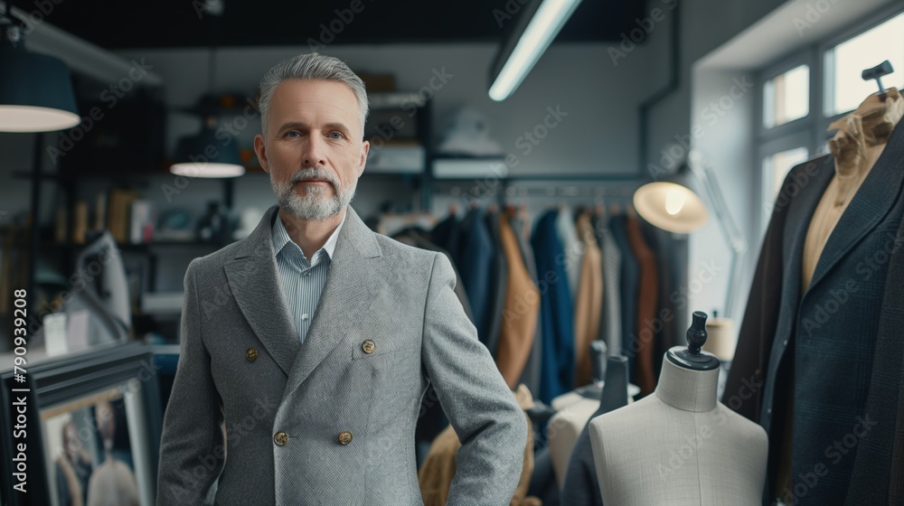 Portrait of a male fashion designer in a sewing workshop with a mannequin. AI generation. Portrait of a male fashion designer in a sewing workshop with a mannequin. AI generation.