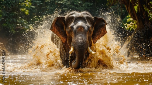Elephant enjoying a bath in the river with its trunk splashing water © artiiz