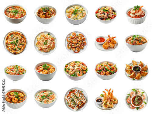An array of shrimp dishes elegantly presented in bowls, including pasta, salads, soups, and fried shrimp with various garnishes.