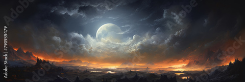 Fantasy Landscape With Dark Cloudy Sky And Giant Moon. Generative AI photo