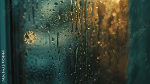 A close-up of water droplets trickling down a windowpane during a rainstorm, creating a soothing and melancholic ambiance indoors. photo