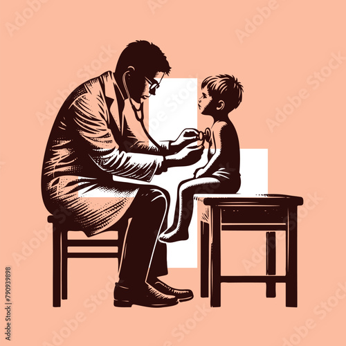 doctor listening to boy both sitting on chairs in vector illustration