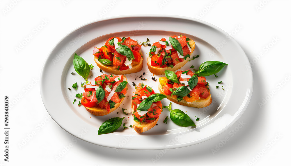 Bruschetta with tomatoes and basil on a plate isolate on a white background. Generative AI,