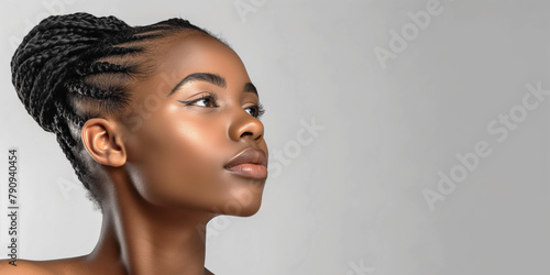 Young African American woman with braided hair in a ponytail against a light background with copy space on the right. Illustration for Liberation Day. Black History Month Card