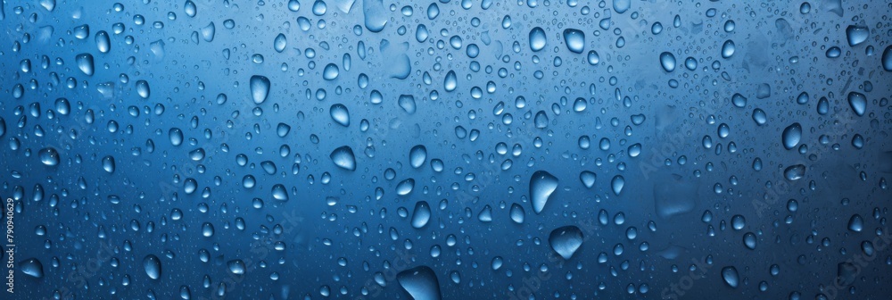 Clear Water Drops Pattern. Raindrops On Glass On Blue Background. Generative AI