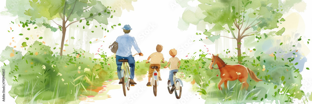 Fototapeta premium A watercolor painting depicting a man riding a bike with two children, enjoying a leisurely outing together